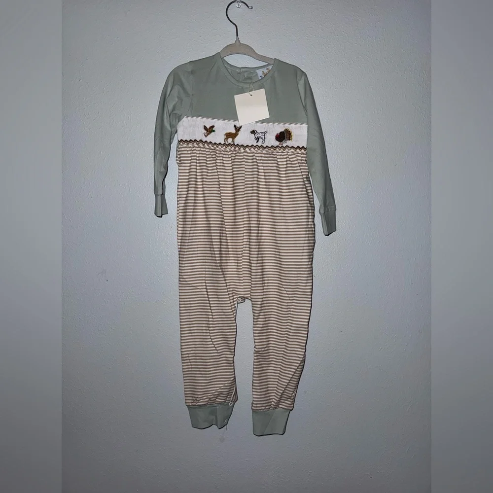 Green and Beige Striped Smocked Hunting Romper with Woodland Smocking
